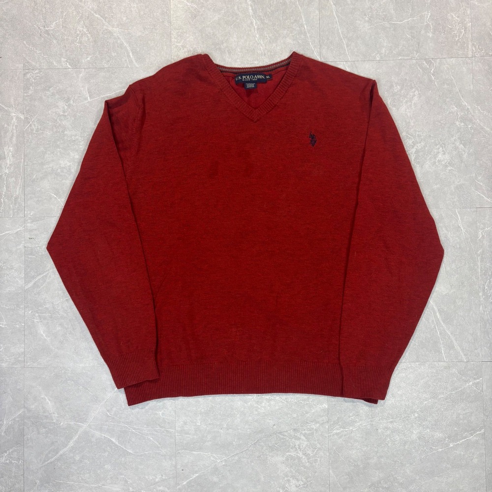 US Polo Assn Mens XL V-Neck Sweater Red Heather Long Sleeve Logo Pullover